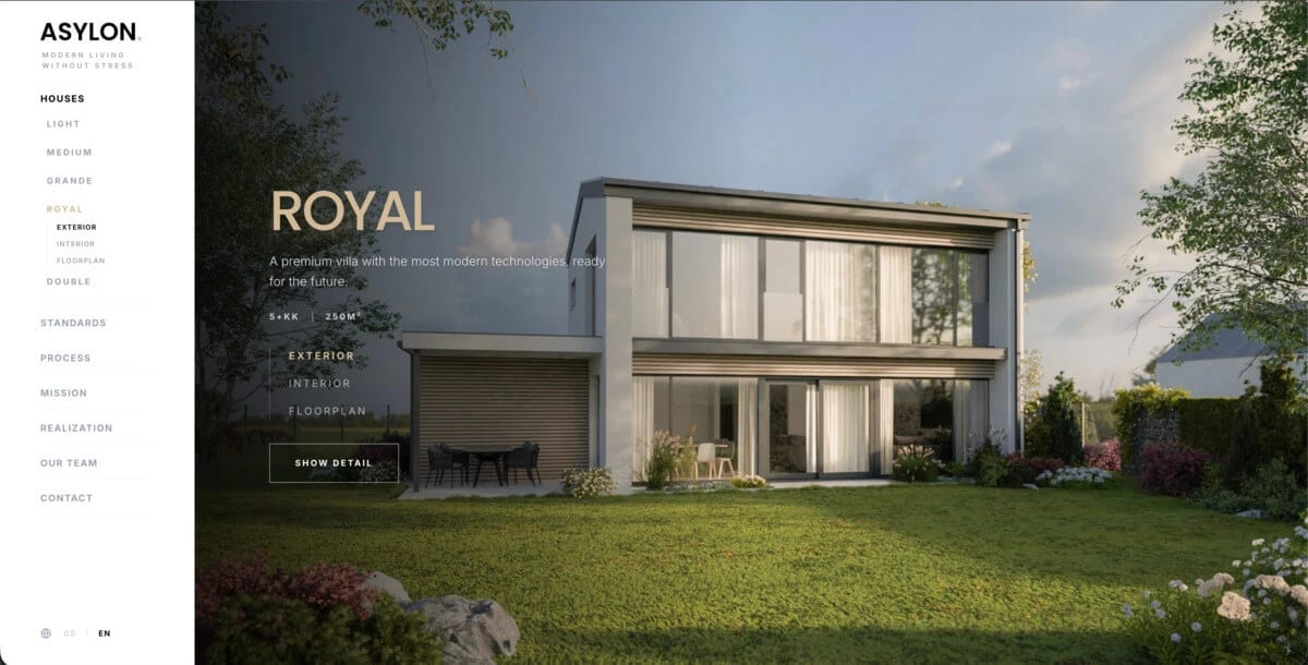 Web Asylon na modelu Royal: dvoupodlažní vila s celoprosklenou fasádou ve večerní zahradě, vedle menu řad — Light, Medium, Grande, Royal, Double.
