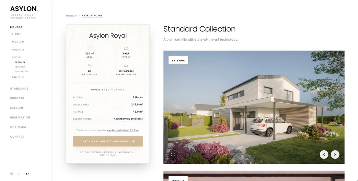 Detail Asylon Royal: karta specifikace — 250 m², 6+kk, tři koupelny, dvě garážová stání, energetická třída A — vedle exteriérového renderu s autem pod přístřeškem.