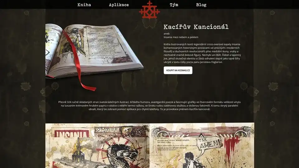 The project site: the book photographed with its red satin ribbon, beside the pitch — 324 hand-folded pages of illustrated Insania lyrics, in a square vinyl-sized format.