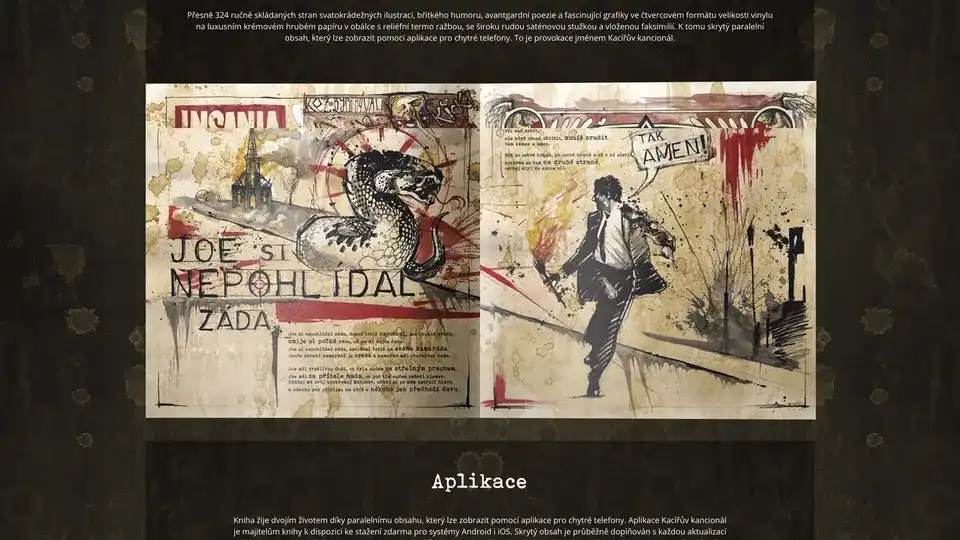 Two spreads from the gallery: a snake coiling over “Joe si nepohlídal záda”, and a figure walking away from a red “Tak amen!” speech bubble.