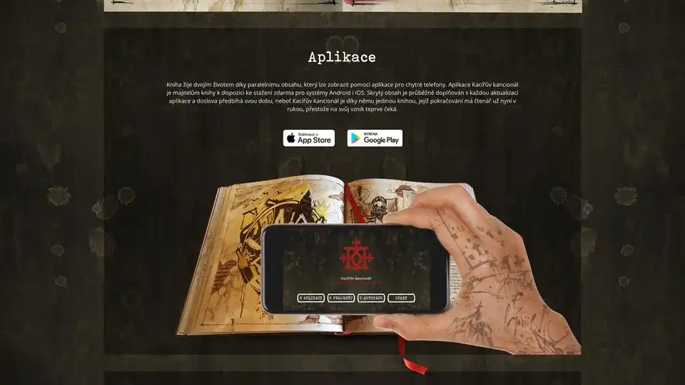 The app chapter: App Store and Google Play badges above a hand holding a phone over the open book, the scanner waiting on the page.