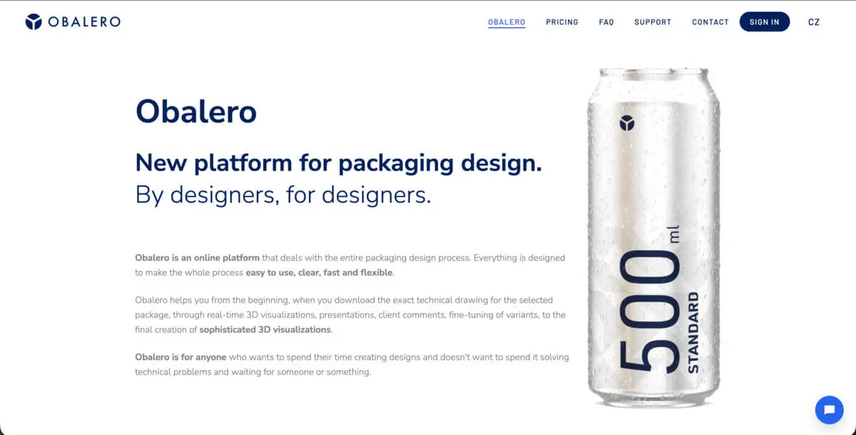 Nabídka Obalera — „New platform for packaging design. By designers, for designers." — vedle fotorealistického renderu orosené 500ml plechovky.