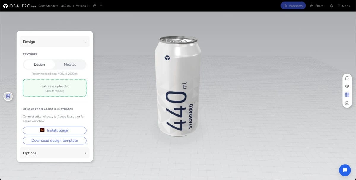 Samotný editor Obalera: 440ml plechovka v realtime 3D viewportu, vlevo panel textur a instalace pluginu do Adobe Illustratoru.