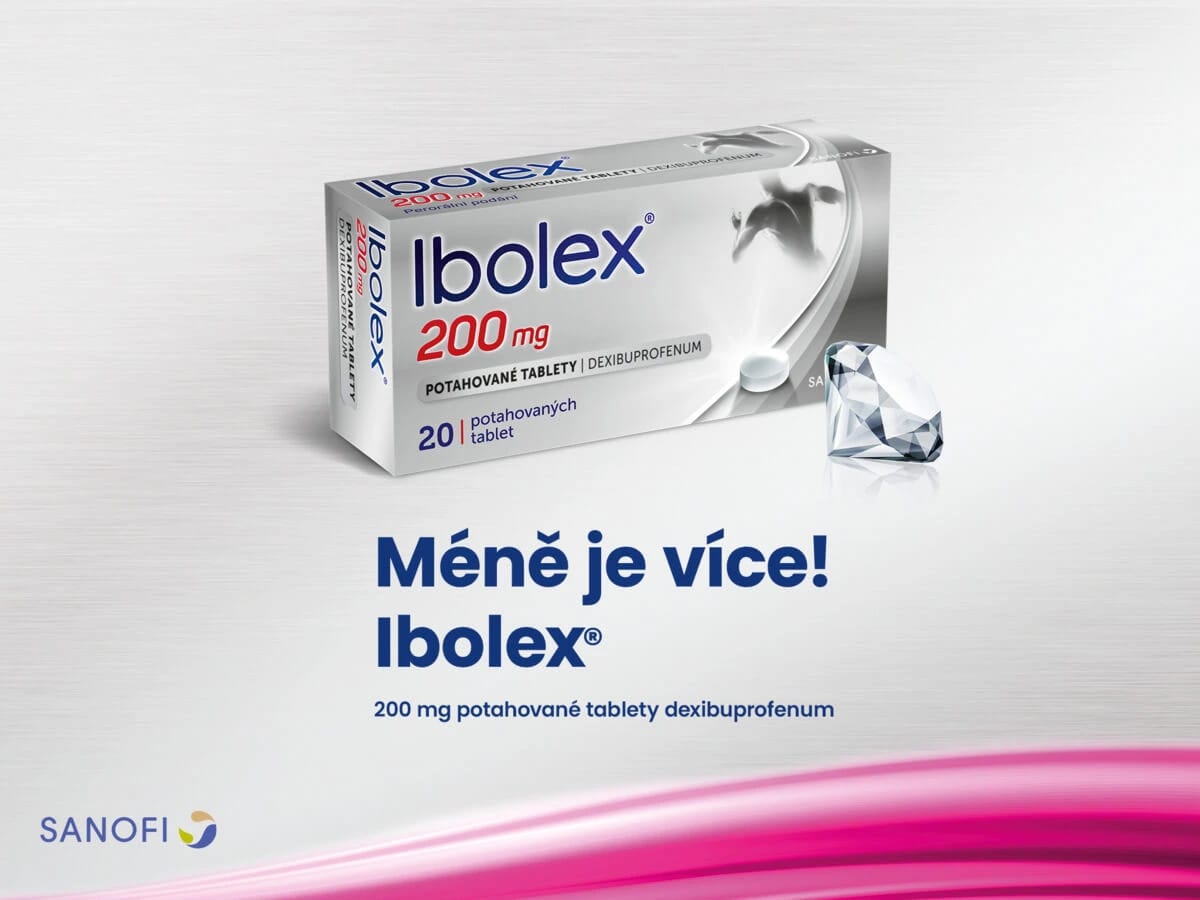 Klíčový vizuál Ibolexu 200 mg: krabička, jedna potahovaná tableta a broušený diamant na kartáčované oceli, pod claimem „Méně je více!"