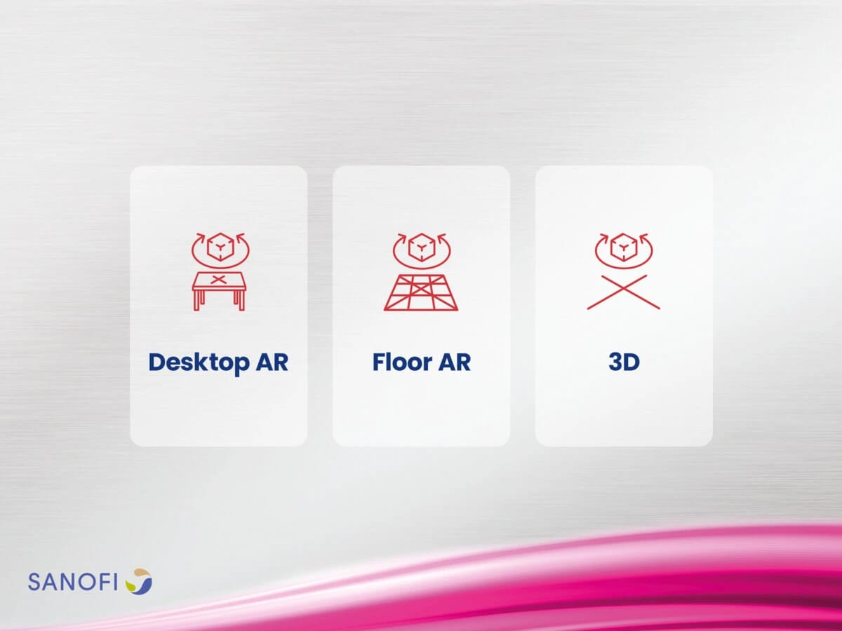 Přepínač režimů v aplikaci: Desktop AR postaví model na stůl, Floor AR na podlahu, a 3D pro případ, kdy se žádná plocha nedá zaměřit.