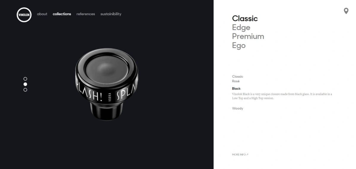 The collections carousel on its second position: the Black closure in glossy black glass, engraved “Splash! Vodka” around the rim.