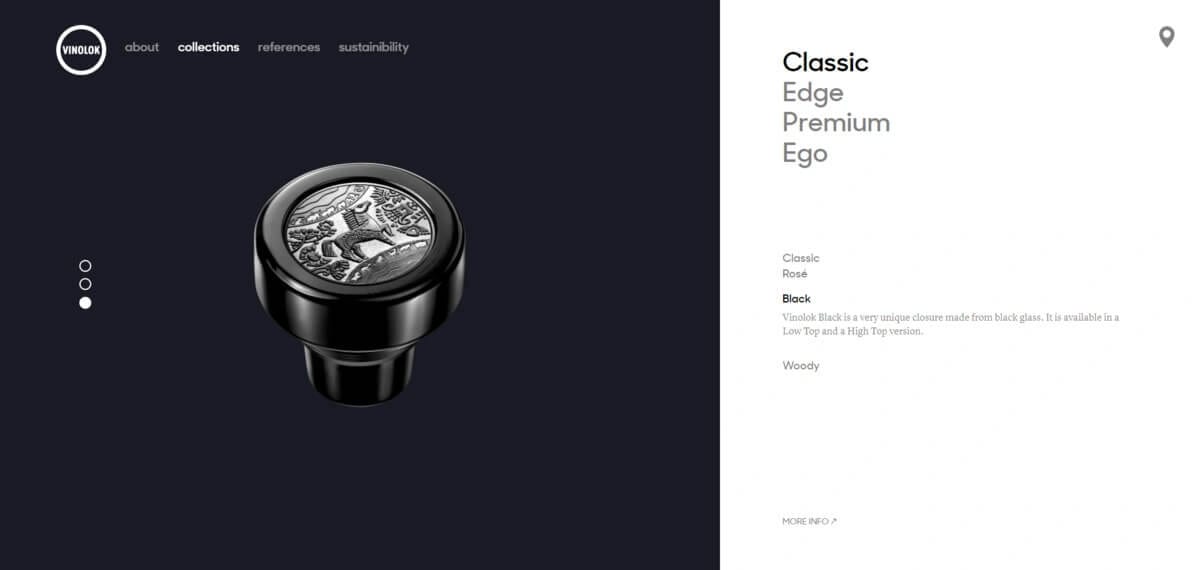 The collections carousel on its third position: a Black closure whose top carries a fine relief engraving.