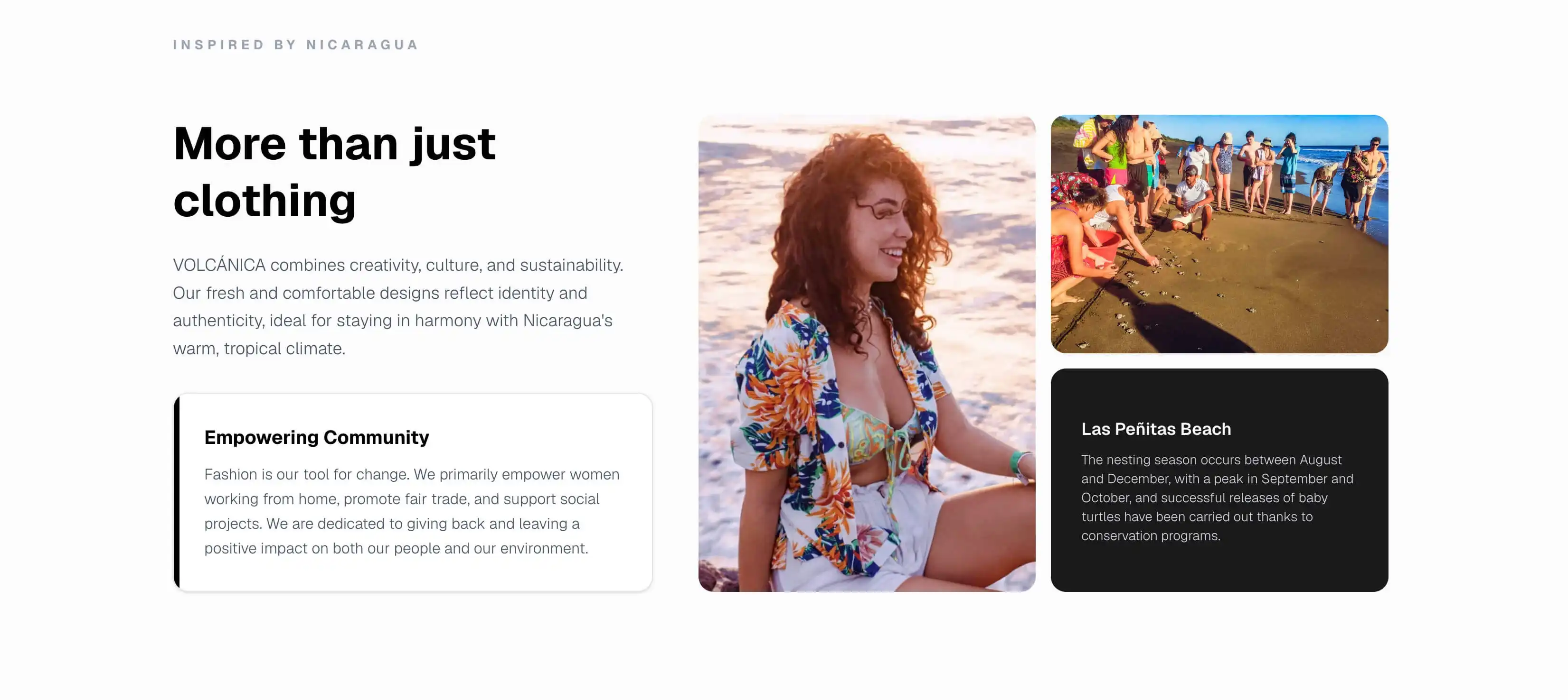 The “More than just clothing” chapter: the Empowering Community note beside photographs from Las Peñitas beach, where the brand supports the baby-turtle releases.
