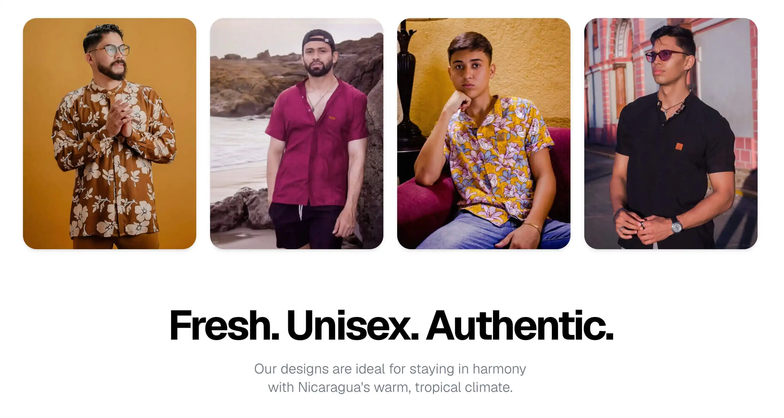 The lookbook row — four men in the brand’s printed and plain shirts, shot against color walls in León and on the rocks by the sea — under the line “Fresh. Unisex. Authentic.”