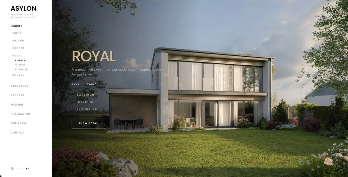 The Asylon site on the Royal model: a two-story villa with a full-height glazed facade in an evening garden setting, beside the menu of house lines — Light, Medium, Grande, Royal, Double.