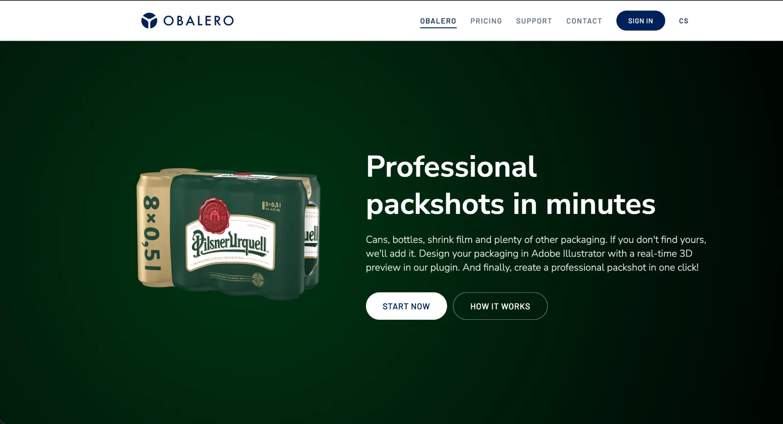 The Obalero landing page hero: a rendered Pilsner Urquell 8×0.5 l can multipack on a deep green background beside the headline “Professional packshots in minutes”.