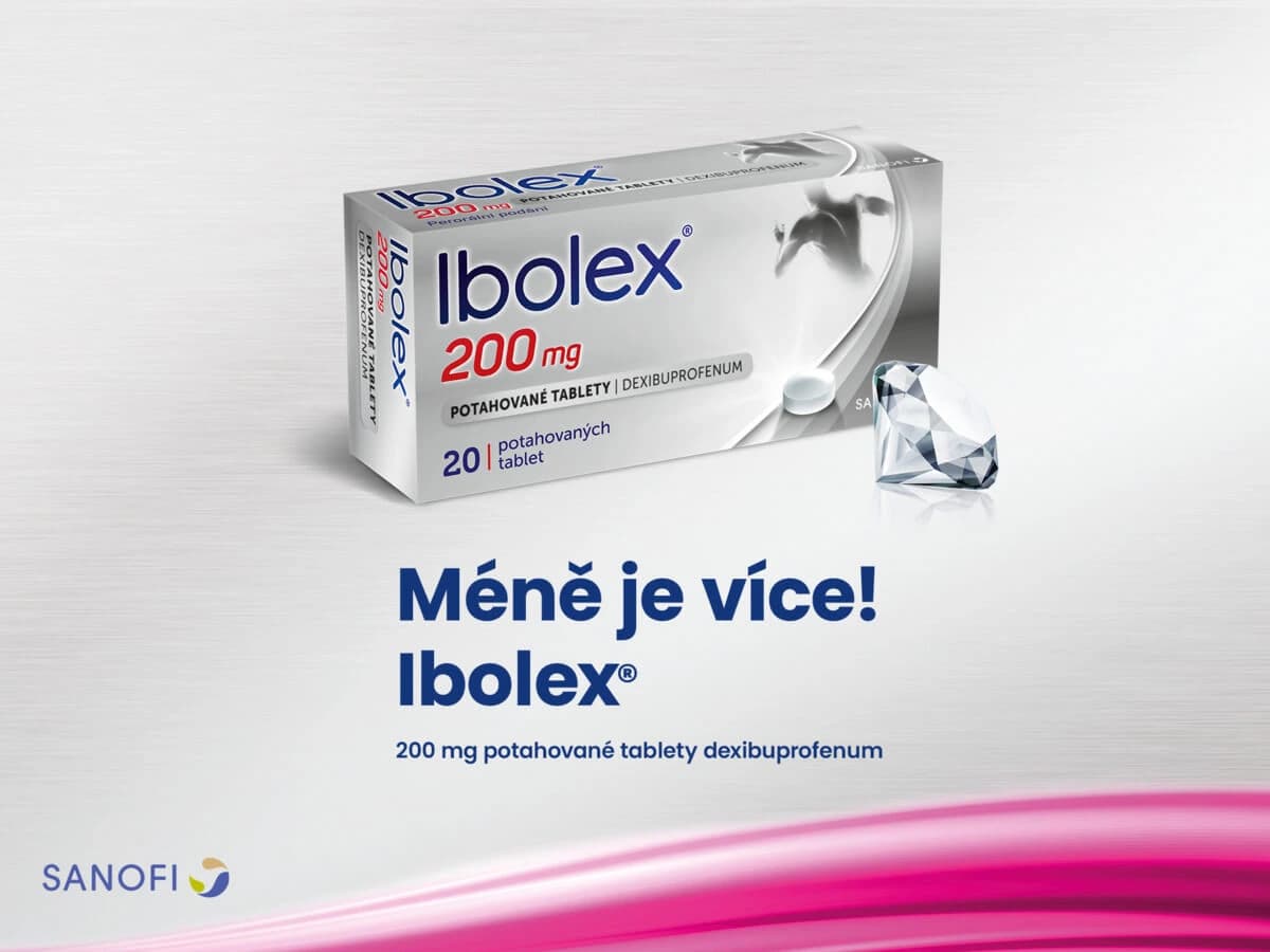 Klíčový vizuál Ibolexu 200 mg: krabička, jedna potahovaná tableta a broušený diamant na kartáčované oceli, pod claimem „Méně je více!"