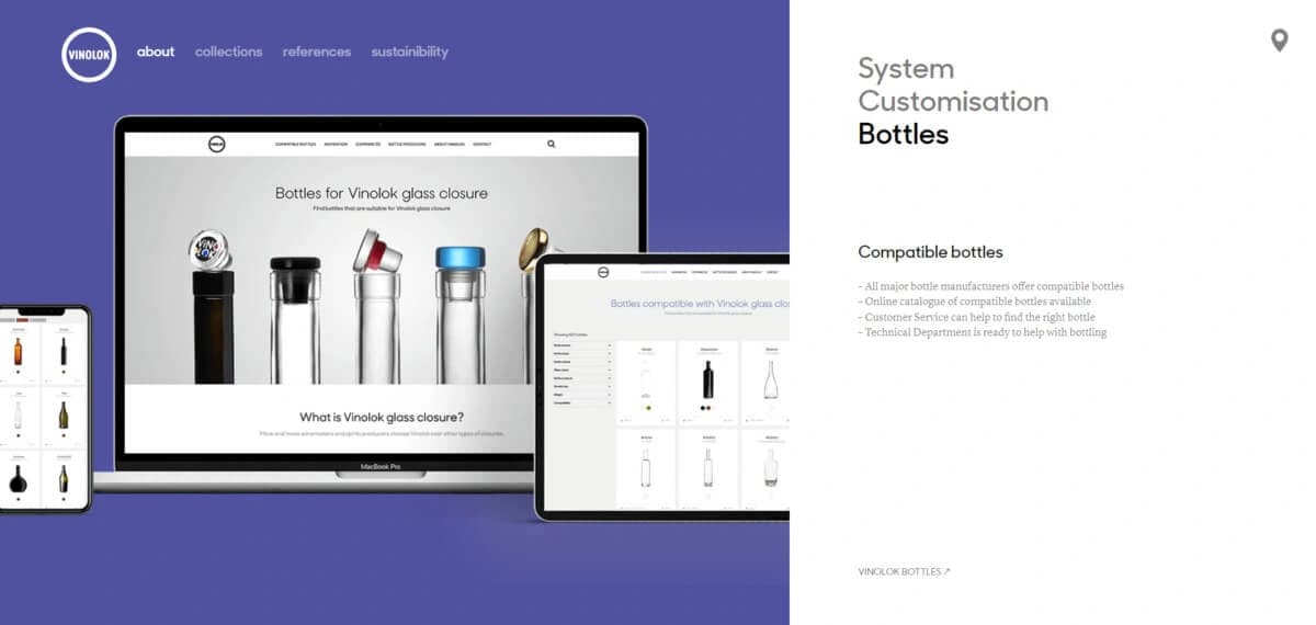 The system-customization chapter: the Vinolok bottle finder shown across a MacBook, an iPad and a phone, listing the bottles the glass closure fits.